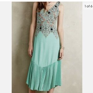 🌟 Anthropologie | Maeve Mint Printed Dress with Pleat Accent Size 8P